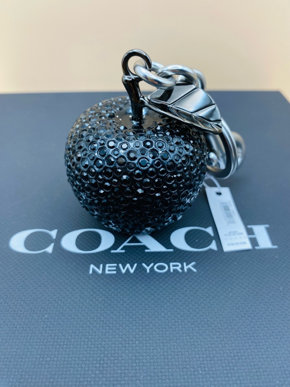 Coach Resin Crystal Apple Bag Charm Keychain Silver/Black